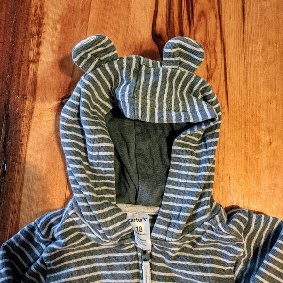 Adorable bear ears zip up jacket, slate blue and white, striped, size 18 mos - Picture 5 of 7